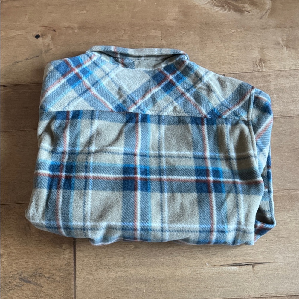 O'Neill Men's Beige Plaid Button-Down Shirt Jacket with Blue and Rust Stripes - Picture 3 of 4